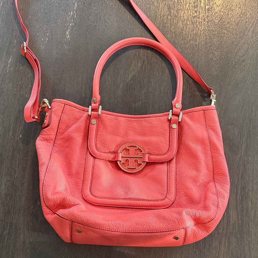 Tory Burch Coral Red Leather Shoulder Bag with Logo Medallion